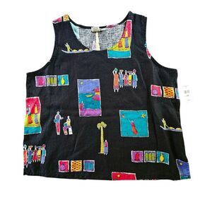 Hot Cotton Women's 2X Black Linen Tank Colorful Print Top Lagenlook Art To Wear